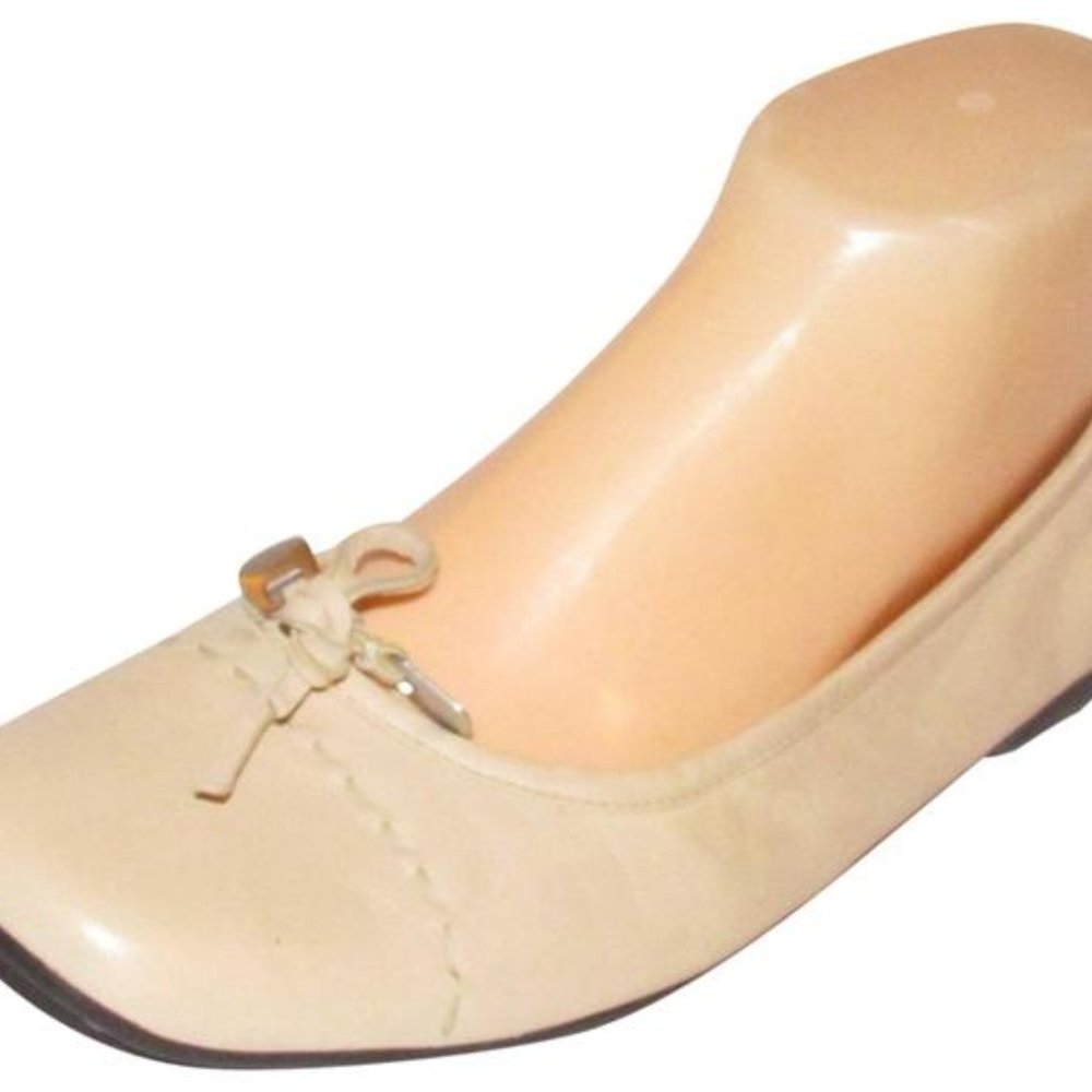 Prada Pink Beige Almond Toe Chrome Accent Designer Flats